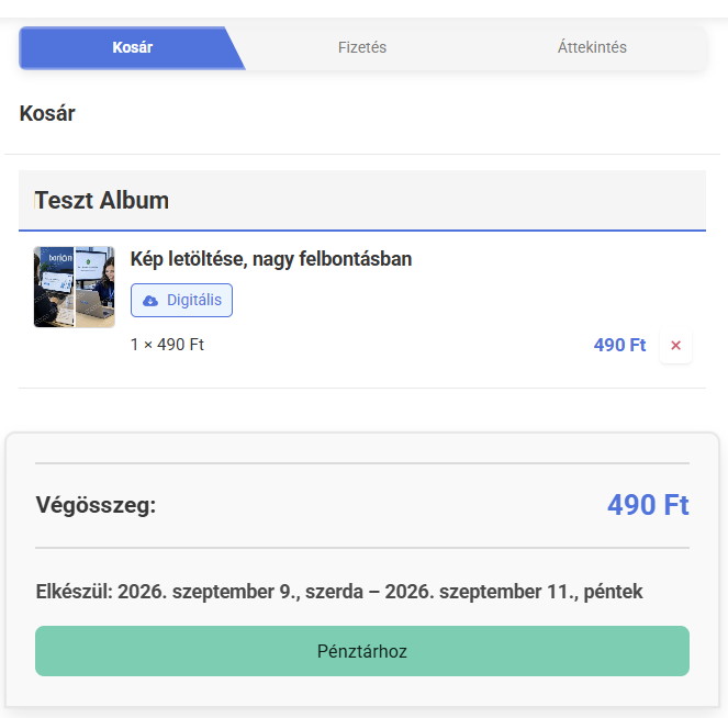 Kosár a boltban: az album neve, a megrendelt tétel darabszámmal és árral, a végösszeg, és hogy mikorra készül el.